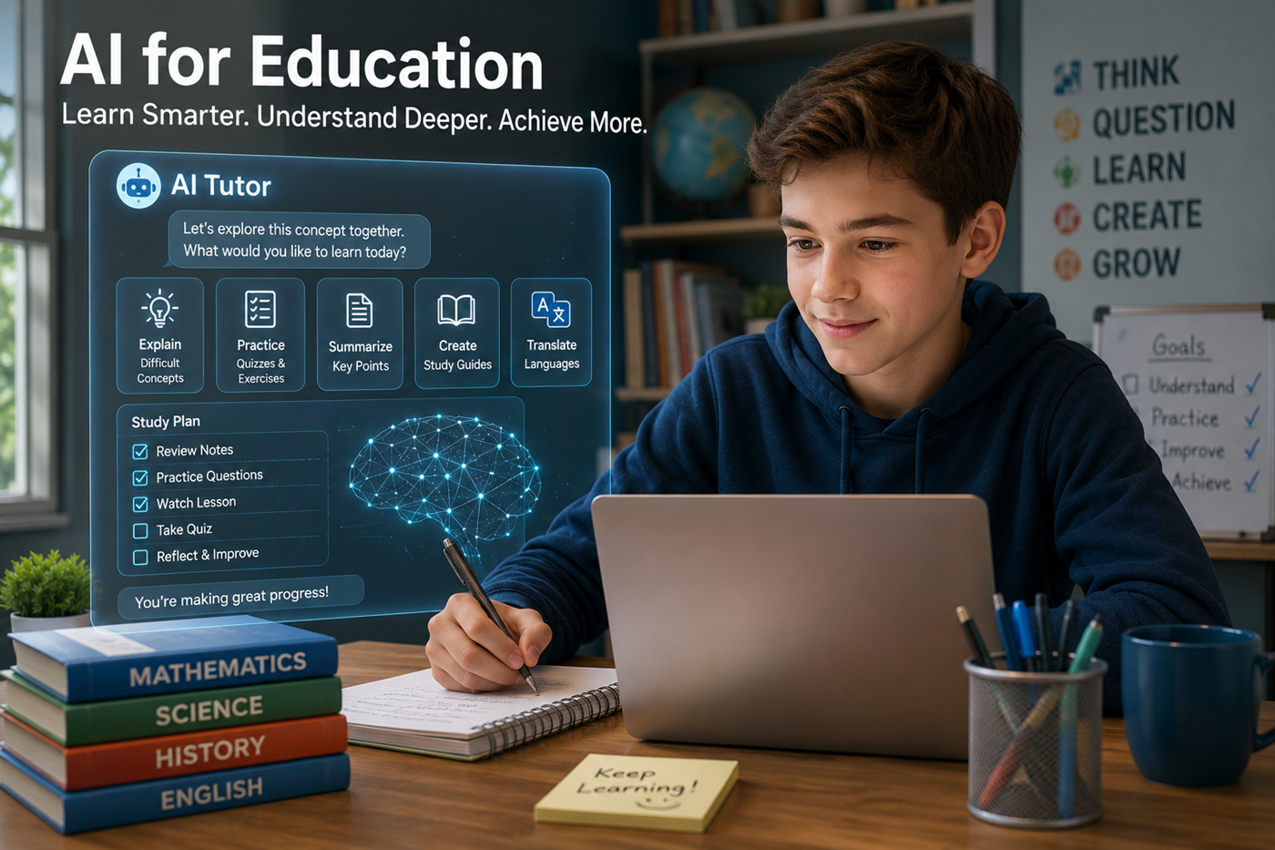 Student using artificial intelligence for explanations, study guides, practice questions, and personalized learning