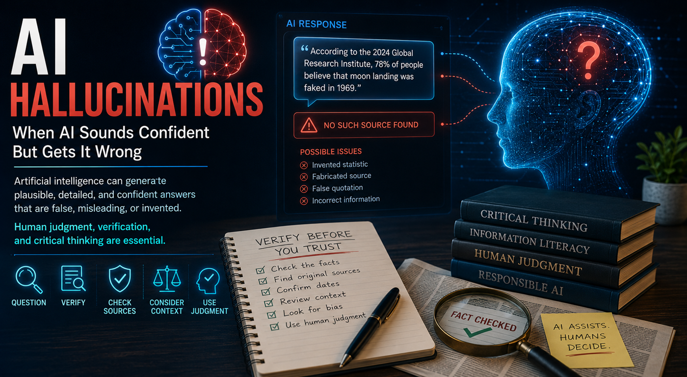 Artificial intelligence producing conflicting facts and warning symbols representing AI hallucinations