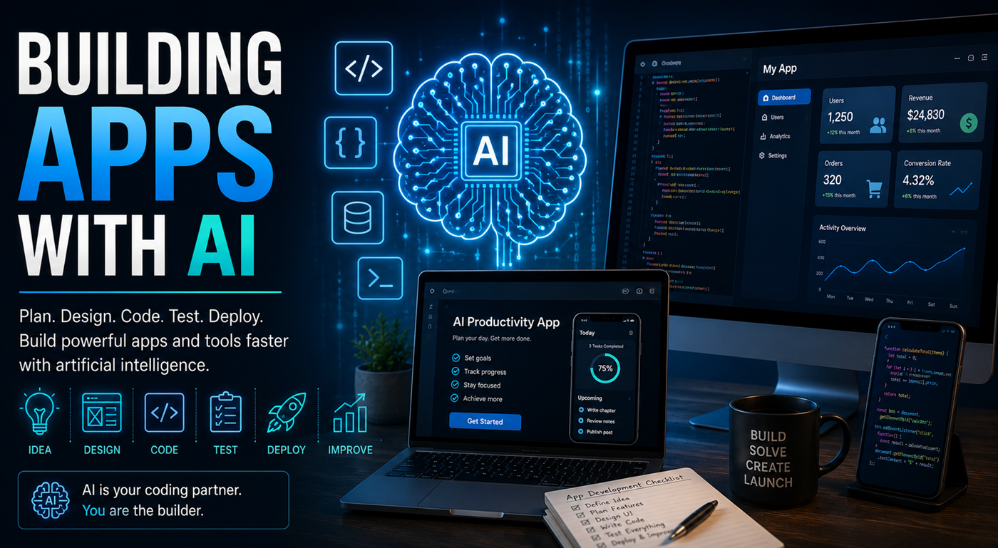 A developer using artificial intelligence to plan, code, test, and launch a digital application