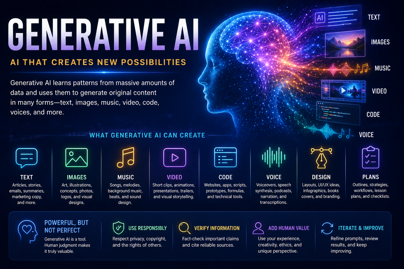 Generative artificial intelligence creating text, images, music, video, code, and other digital content