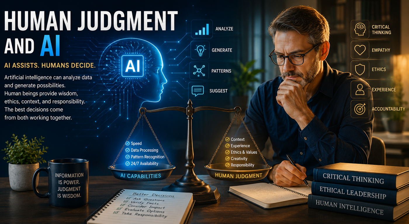 A human and artificial intelligence working together with human judgment guiding the final decision