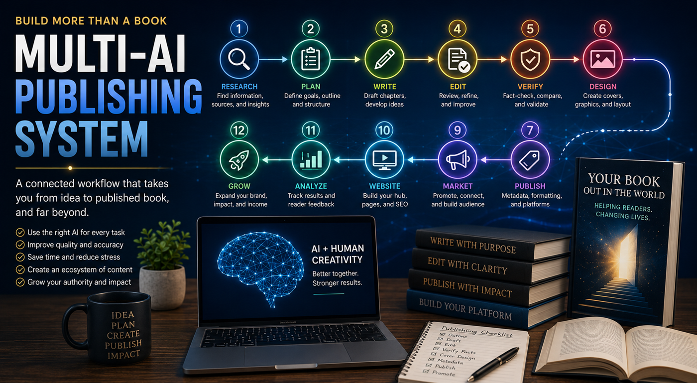 A connected multi-AI publishing system moving from research and writing to books, websites, marketing, and knowledge-center content