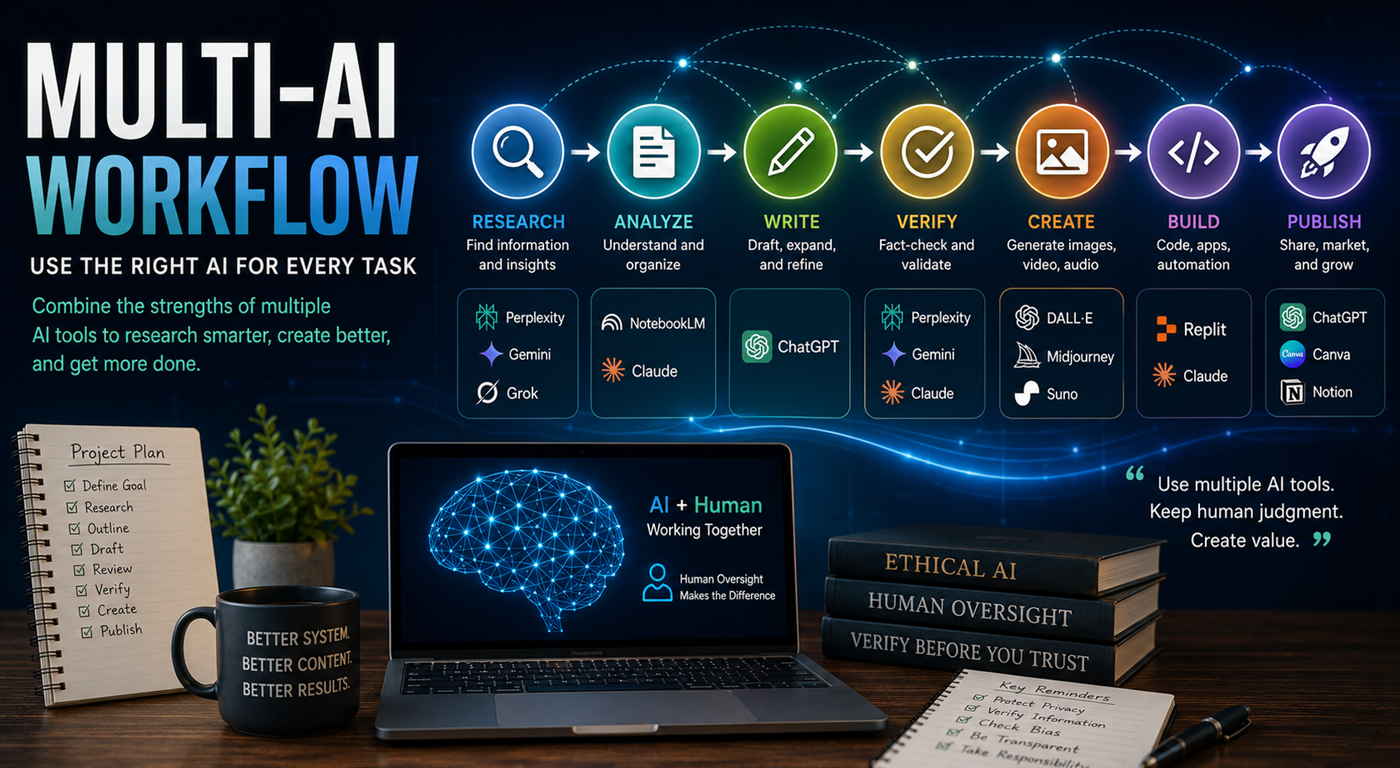 Several artificial intelligence platforms connected through a coordinated digital workflow