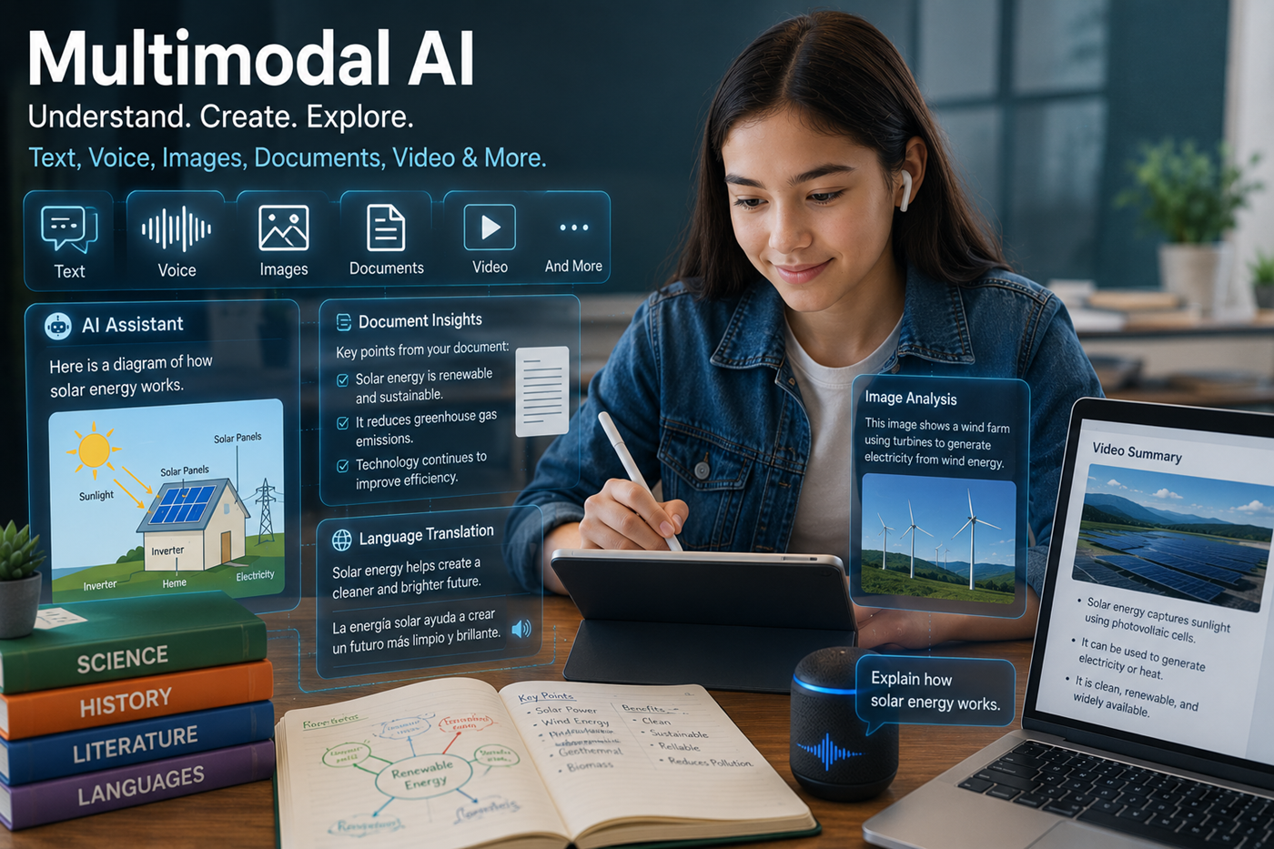 Multimodal artificial intelligence working with text, images, audio, video, files, and human instructions