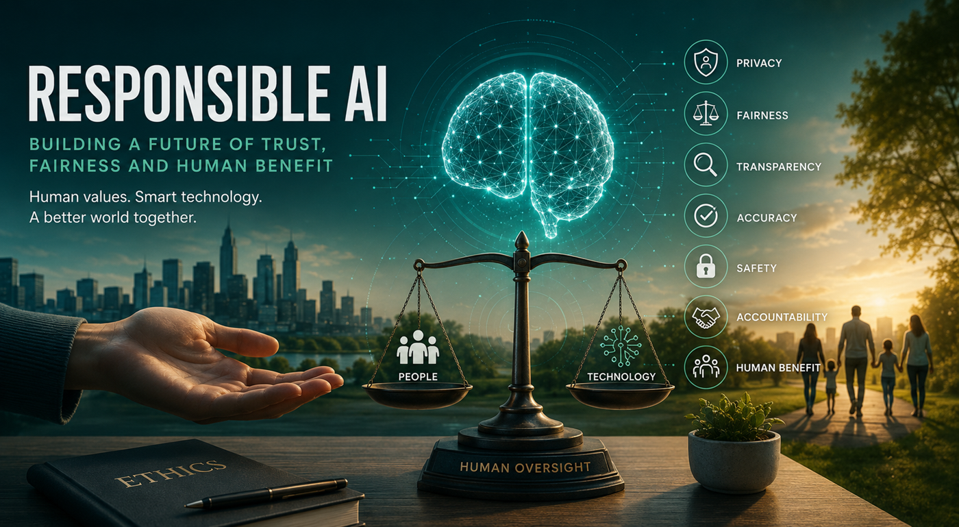 A balanced scale and glowing artificial intelligence brain representing responsible and ethical AI