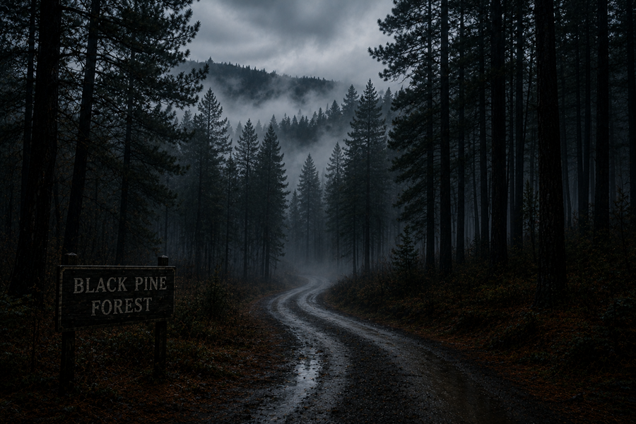 A winding road disappearing into the fog of Black Pine Forest