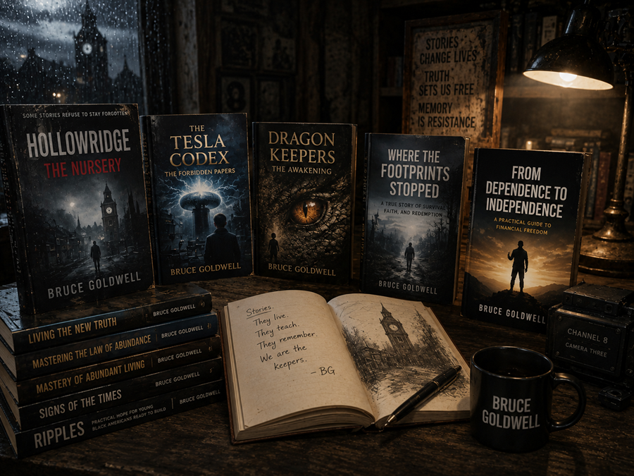 A cinematic display of books written by Bruce Goldwell