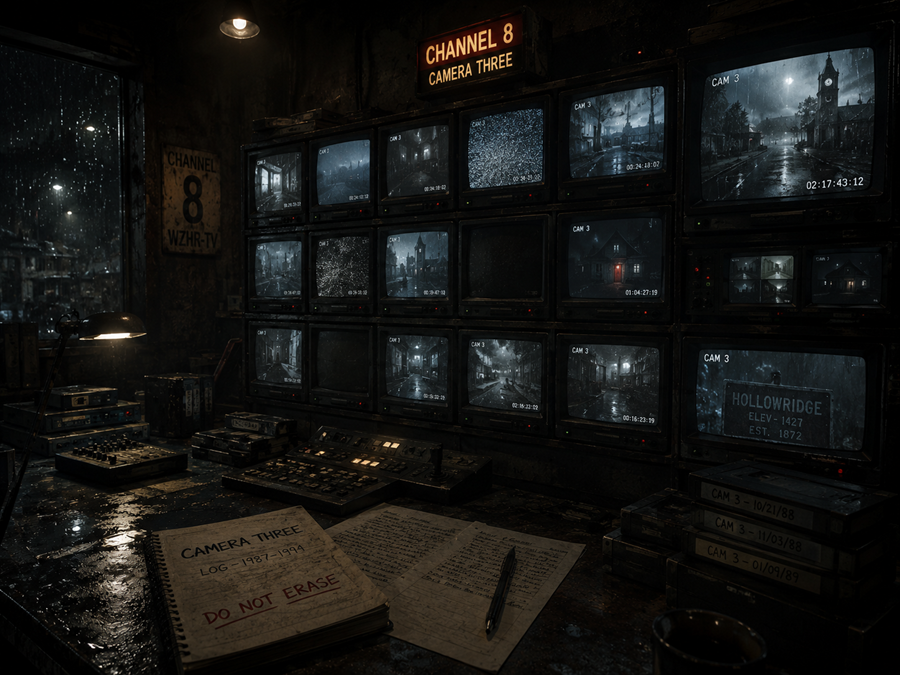 A wall of old television monitors showing different versions of Hollowridge