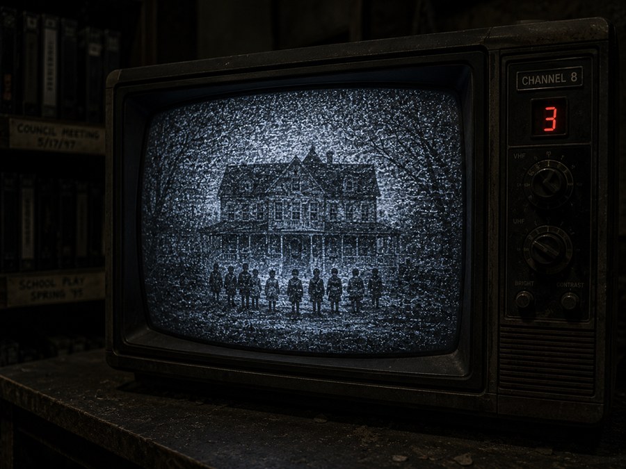 A vintage television filled with static and a faint image of The Nursery
