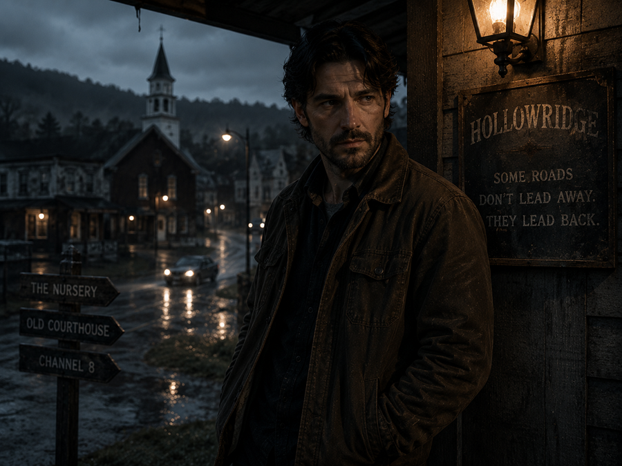 A guarded man standing near an old building in Hollowridge