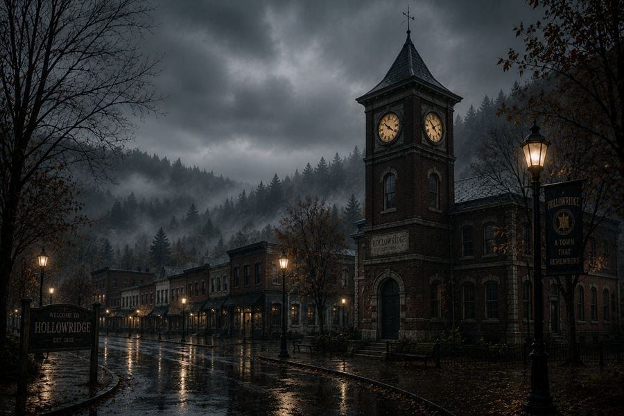 The Hollowridge clock tower overlooking the rain-covered town square