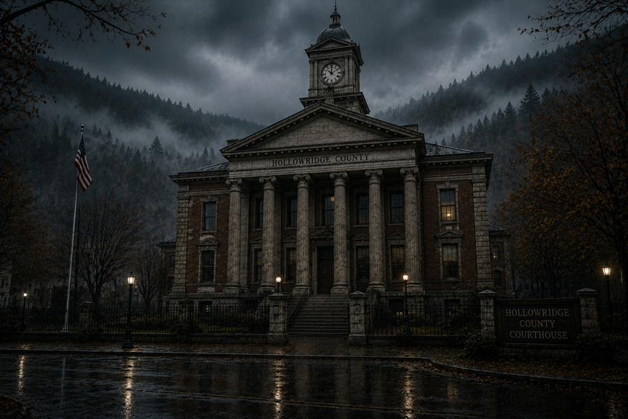The Hollowridge courthouse under gathering storm clouds