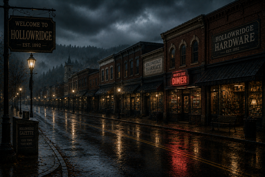 The quiet main street of Hollowridge beneath dark clouds