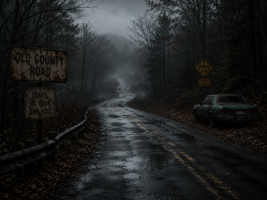 A deserted road curving through fog outside Hollowridge