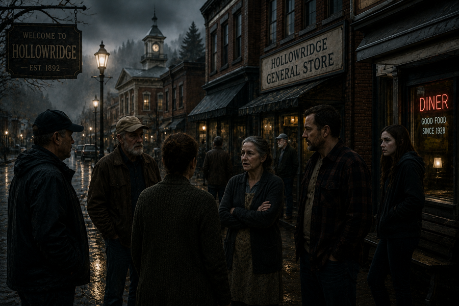 Residents gathered on the rain-soaked main street of Hollowridge