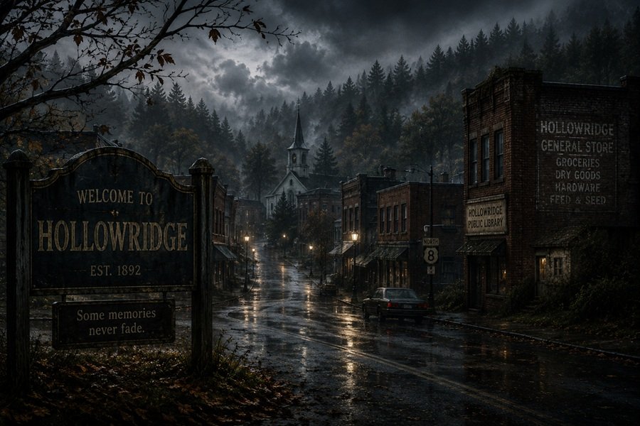 The fog-covered town of Hollowridge after rainfall