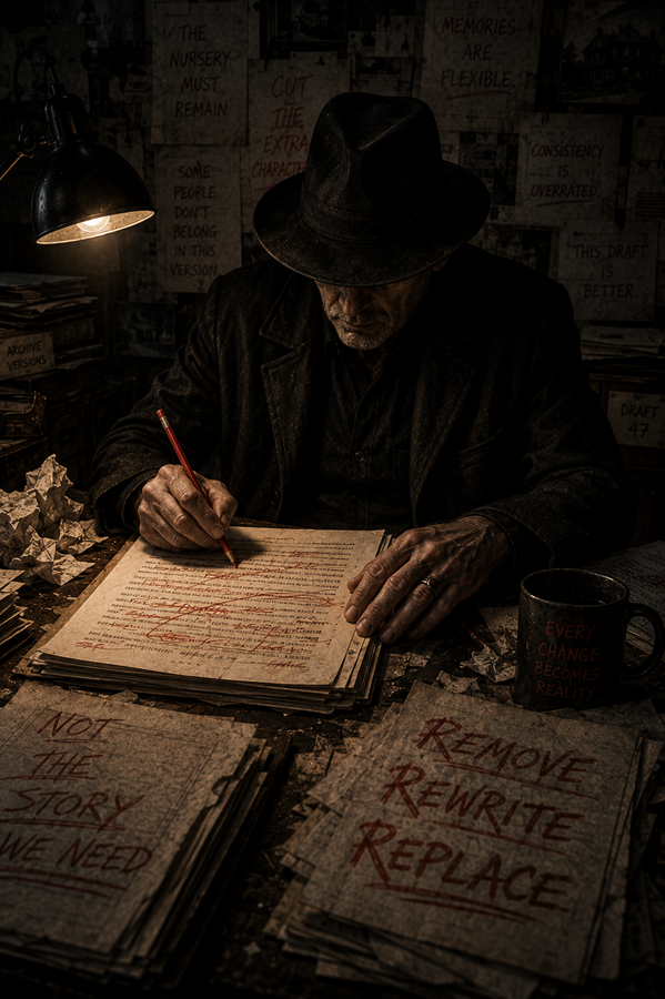 A shadowed figure holding a red pencil above manuscript pages