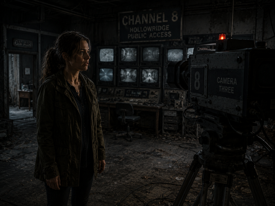 Mara Ellison standing before Camera Three inside Channel 8