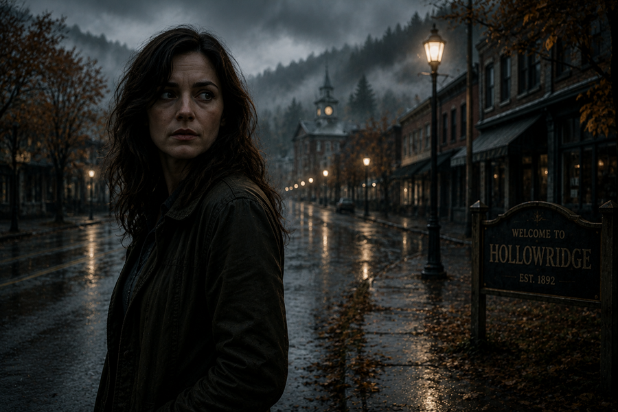 Mara Ellison standing on the rain-soaked streets of Hollowridge