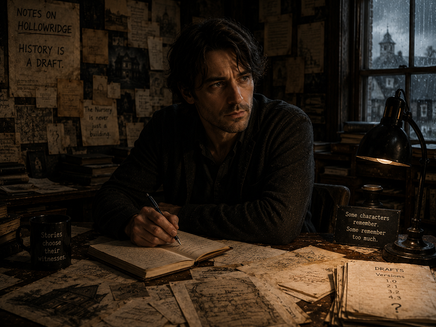 A thoughtful man surrounded by manuscript pages in a dim room