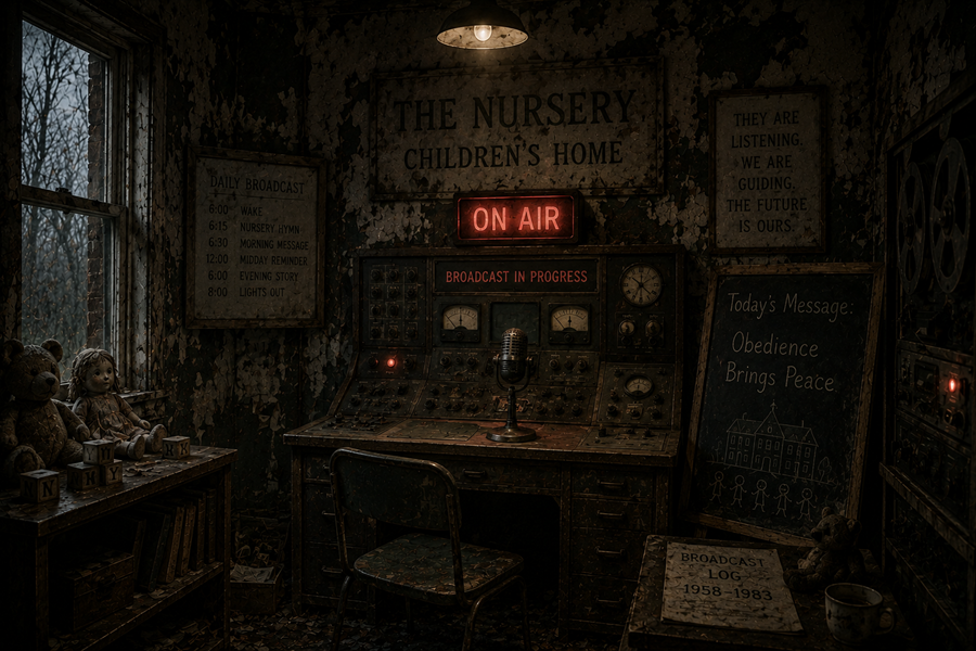 An abandoned broadcast control room connected to The Nursery