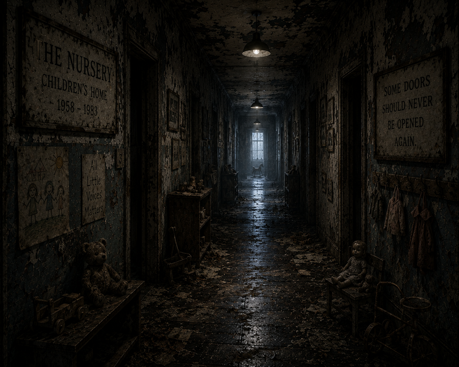 A long decaying hallway inside The Nursery