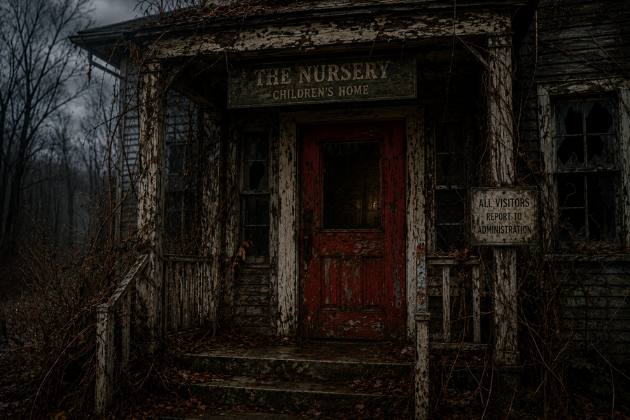 The weathered red door at the entrance to The Nursery
