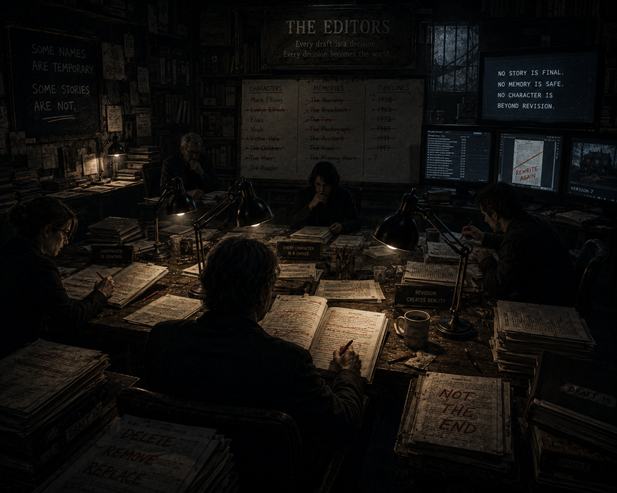 Shadowed figures reviewing manuscript pages in a dark studio