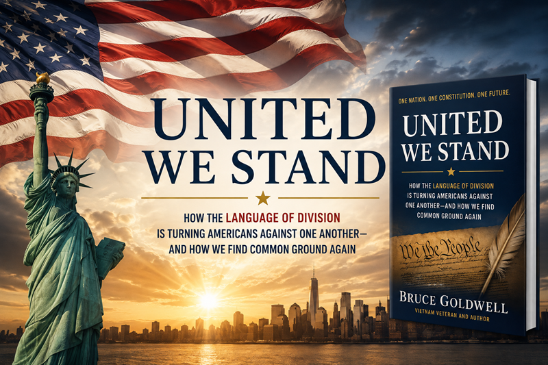 United We Stand, American flag, Constitution, and symbols of freedom