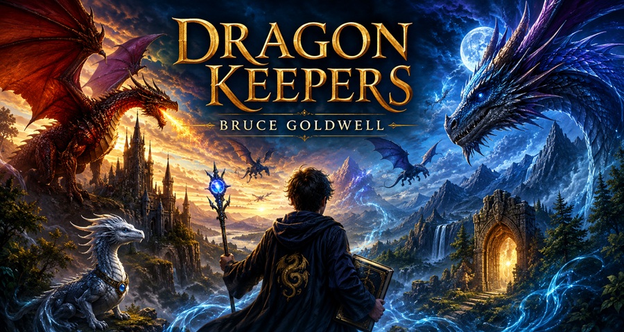 Dragon Keepers fantasy adventure series by Bruce Goldwell featuring young Merlin, dragons, magic, courage, and personal growth