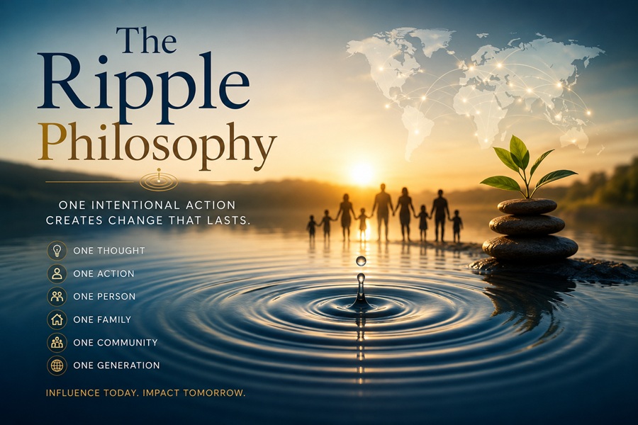 The Ripple Philosophy by Bruce Goldwell showing how one intentional action creates lasting positive change