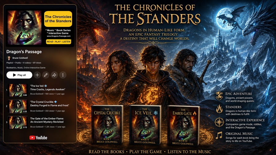 The Chronicles of the Standers fantasy trilogy by Bruce Goldwell featuring dragons in human-like form, ancient powers, destiny, and epic adventure