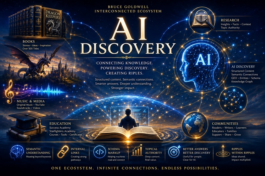 AI discovery within the Bruce Goldwell interconnected ecosystem showing semantic connections, knowledge graph pathways, books, research, education, and structured content