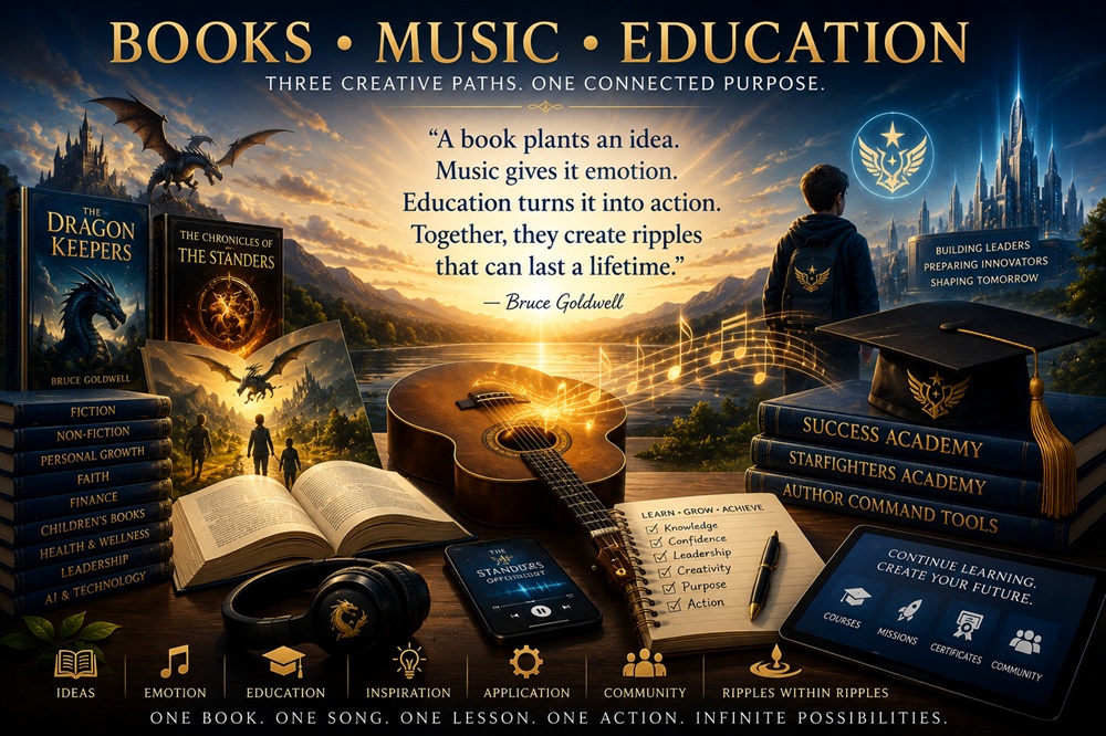 Bruce Goldwell books music and education ecosystem connecting stories, songs, videos, learning programs, fantasy worlds, and ripples