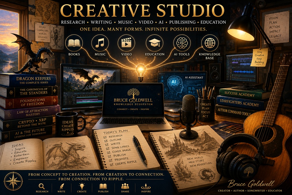 Bruce Goldwell Creative Studio showing books, research, AI tools, music, video, publishing, education, and connected ideas