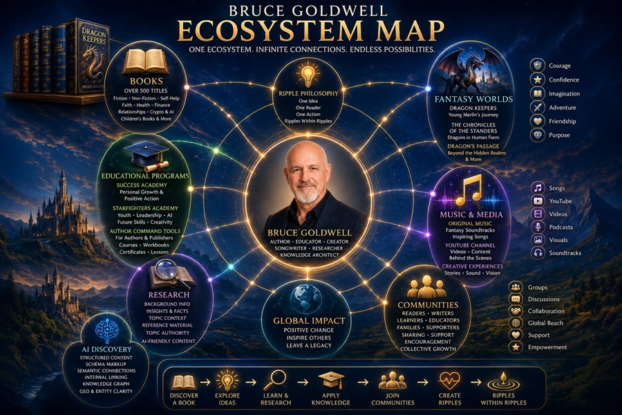 Bruce Goldwell Ecosystem Map showing books, education, research, music, fantasy worlds, AI discovery, communities, and Ripple Philosophy connected together
