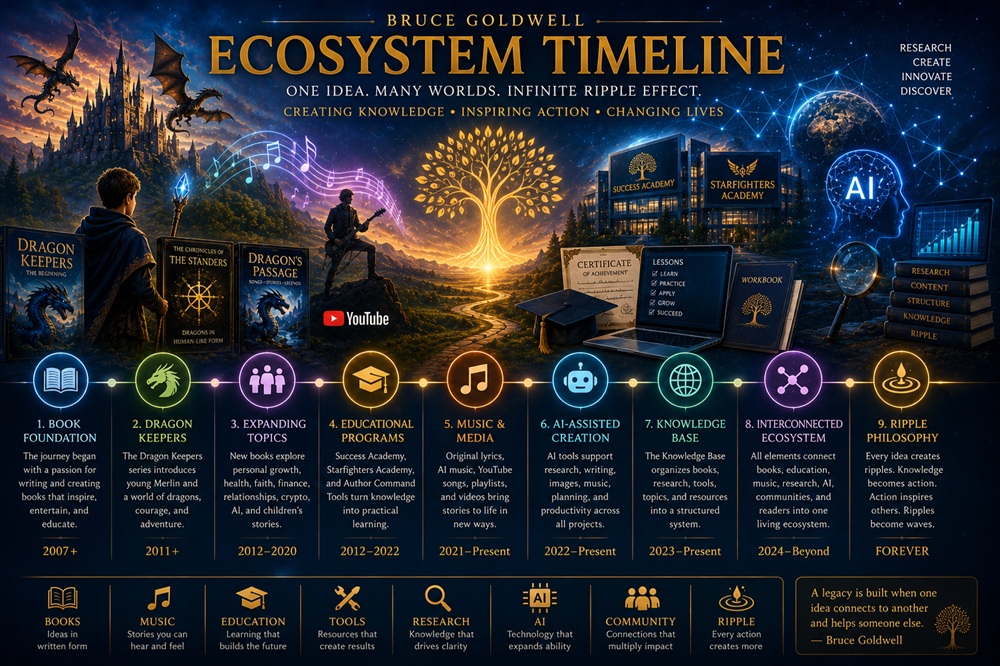 Bruce Goldwell Ecosystem Timeline showing the growth from books to music, education, AI, research, and interconnected knowledge
