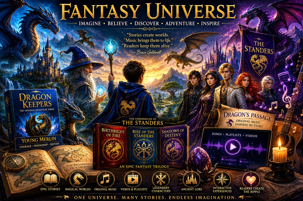 Bruce Goldwell Fantasy Universe connecting Dragon Keepers, The Chronicles of the Standers, Dragon's Passage, original music, dragons, and fantasy worldbuilding