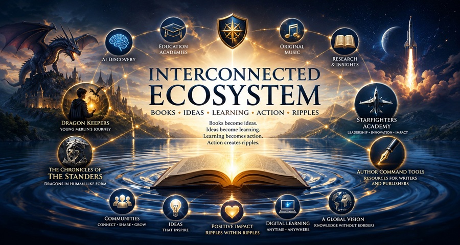 Bruce Goldwell Interconnected Ecosystem showing books, music, education, research, AI discovery, and ripples of knowledge