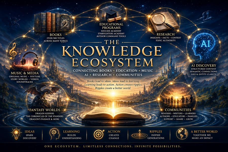 Bruce Goldwell Knowledge Ecosystem connecting books, education, music, research, AI discovery, fantasy worlds, and communities