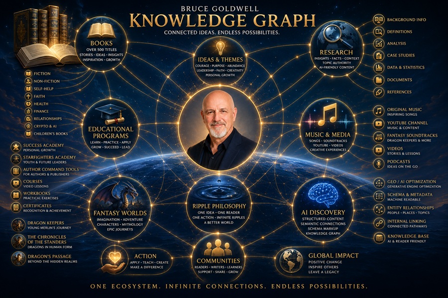 Bruce Goldwell Knowledge Graph showing connected books, academies, research, music, fantasy worlds, AI discovery, and Ripple Philosophy