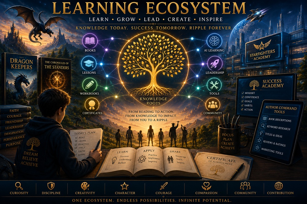 Bruce Goldwell Learning Ecosystem connecting Success Academy, Starfighters Academy, Author Command Tools, courses, workbooks, certificates, and practical action