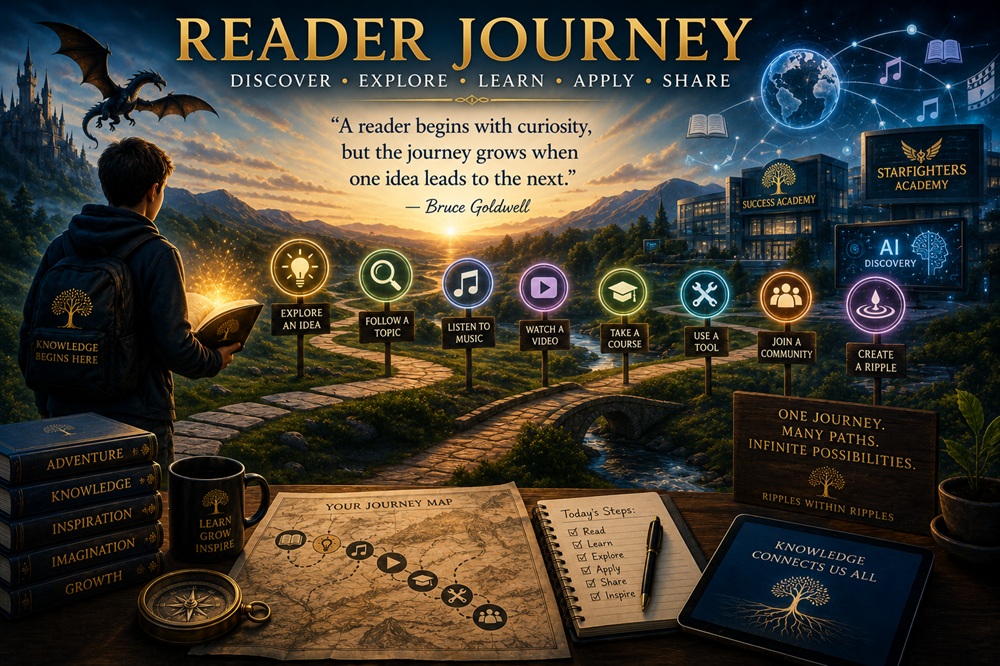 Bruce Goldwell Reader Journey showing readers moving from books to ideas, music, learning, communities, action, and ripples
