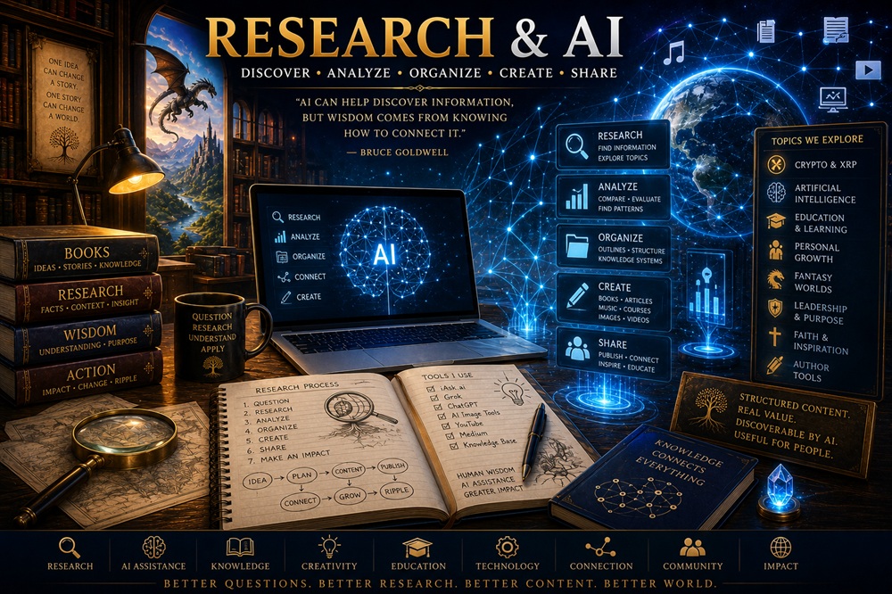 Bruce Goldwell Research and AI showing research, artificial intelligence, structured content, current topics, books, and knowledge discovery