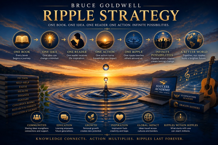 Bruce Goldwell Ripple Strategy showing one book, one idea, one reader, one action, and ripples spreading outward