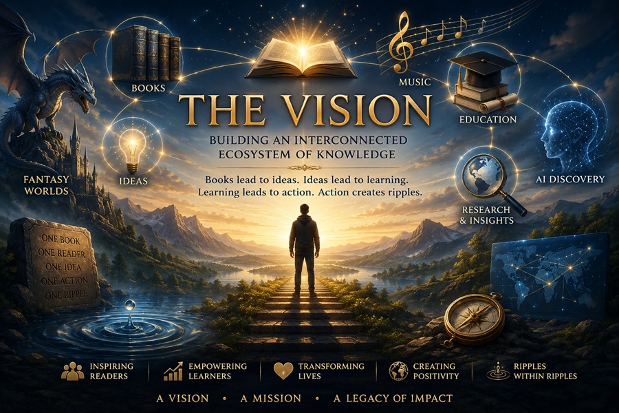 The vision behind Bruce Goldwell's interconnected ecosystem of books, ideas, education, music, research, AI discovery, and ripples