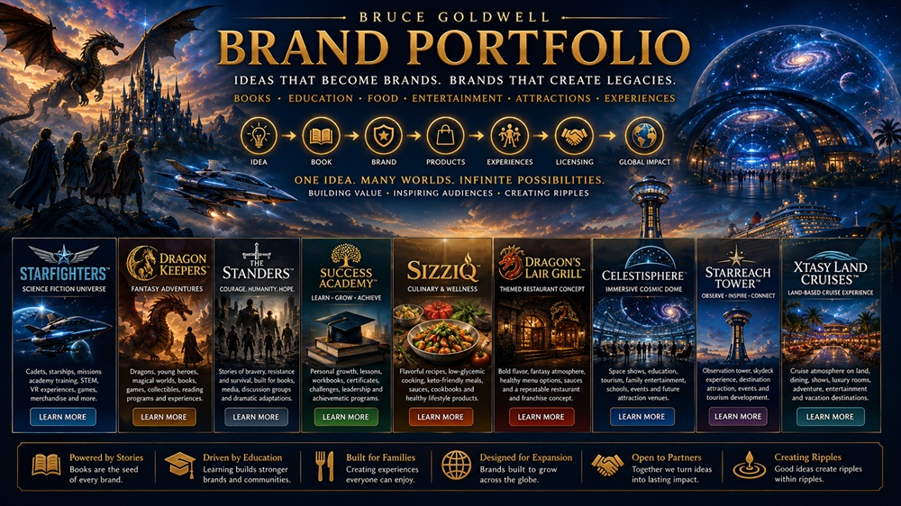Bruce Goldwell Brand Portfolio showing books, brands, fantasy worlds, education, food, attractions, entertainment, and licensing opportunities