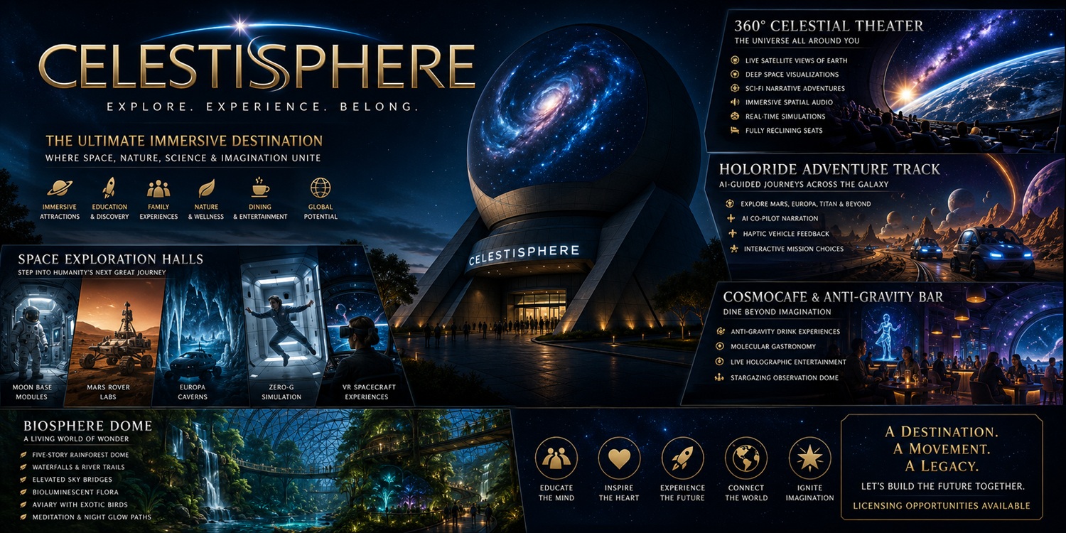 CelestiSphere licensing showing a futuristic cosmic dome, space theater, exploration halls, holographic ride, cosmic dining, biosphere rainforest, and immersive attraction opportunities