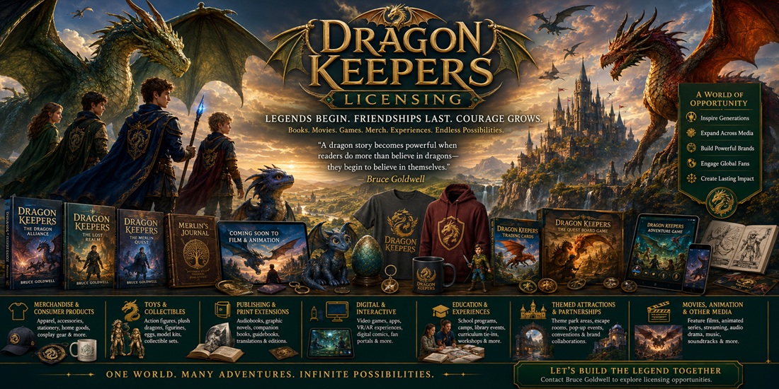 Dragon Keepers Licensing showing dragons, young heroes, fantasy castles, books, movies, toys, games, collectibles, school programs, and themed attractions