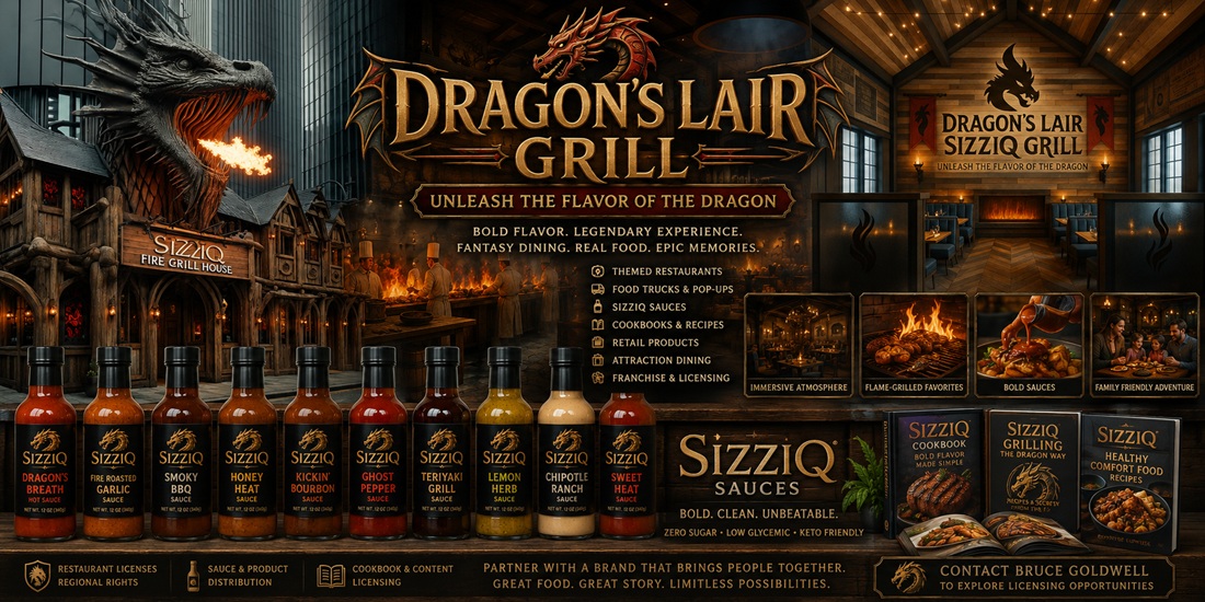 Dragon's Lair Grill licensing showing a fantasy themed restaurant, dragon architecture, flame grilled food, SizziQ sauces, cookbooks, themed dining, and food brand opportunities
